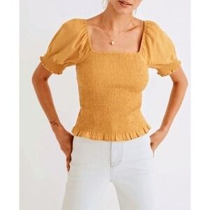 Madewell Smocked Top Square Neck Puff Sleeve Blouse‎ Yellow Gold XS